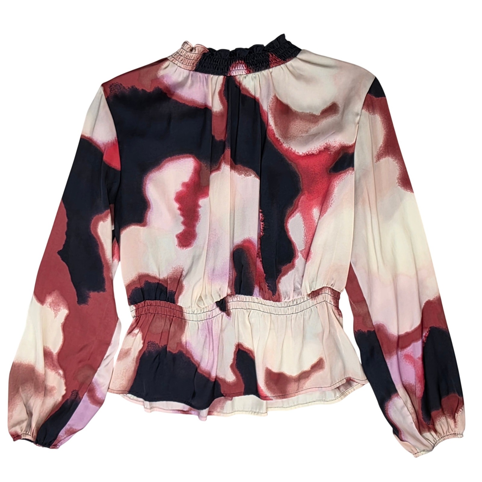 Nine West Womens Abstract Watercolor Smocked Peplum Blouse Red Black Medium